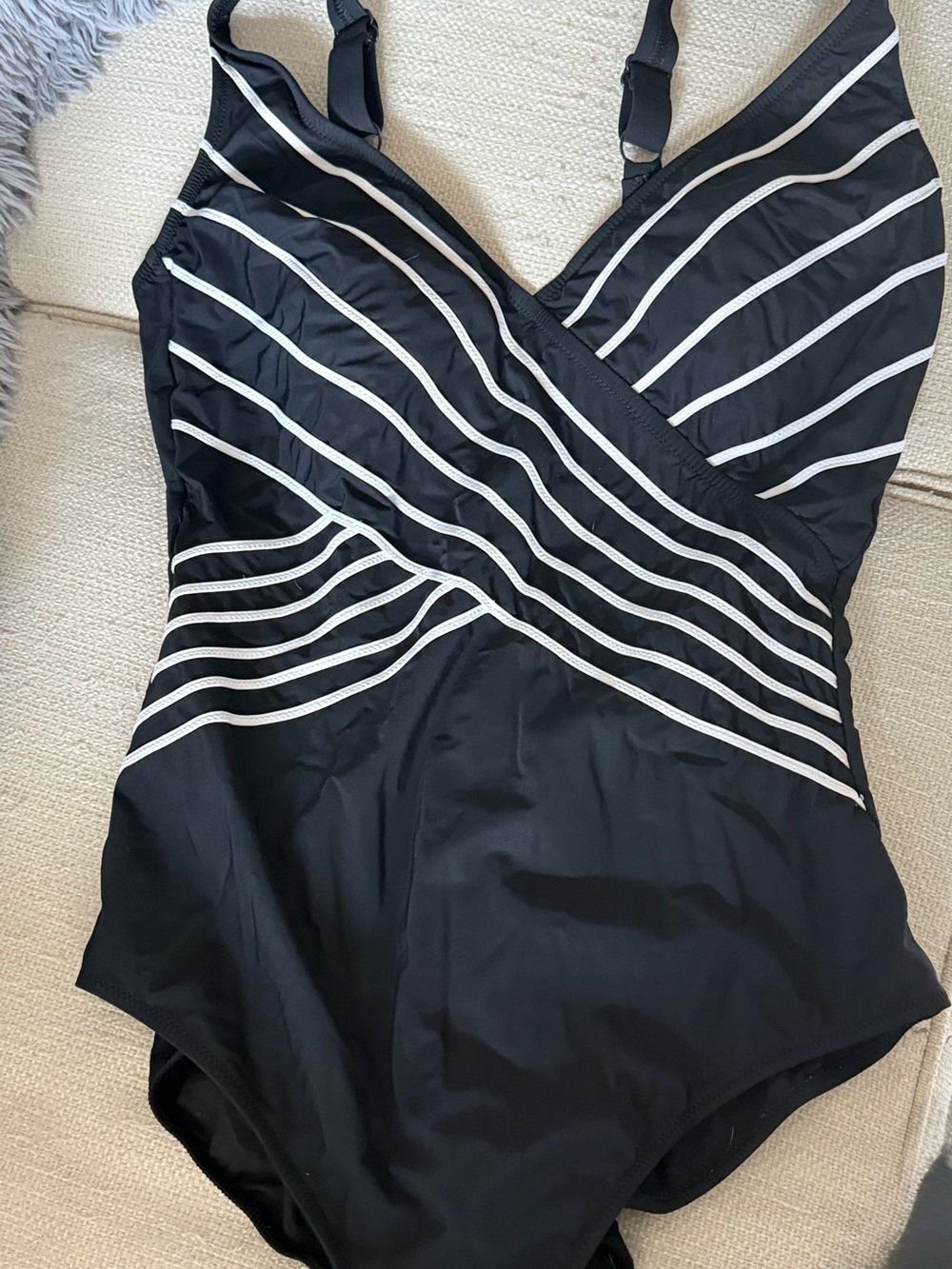 Black One-Piece Swimsuit with White Striped Detail